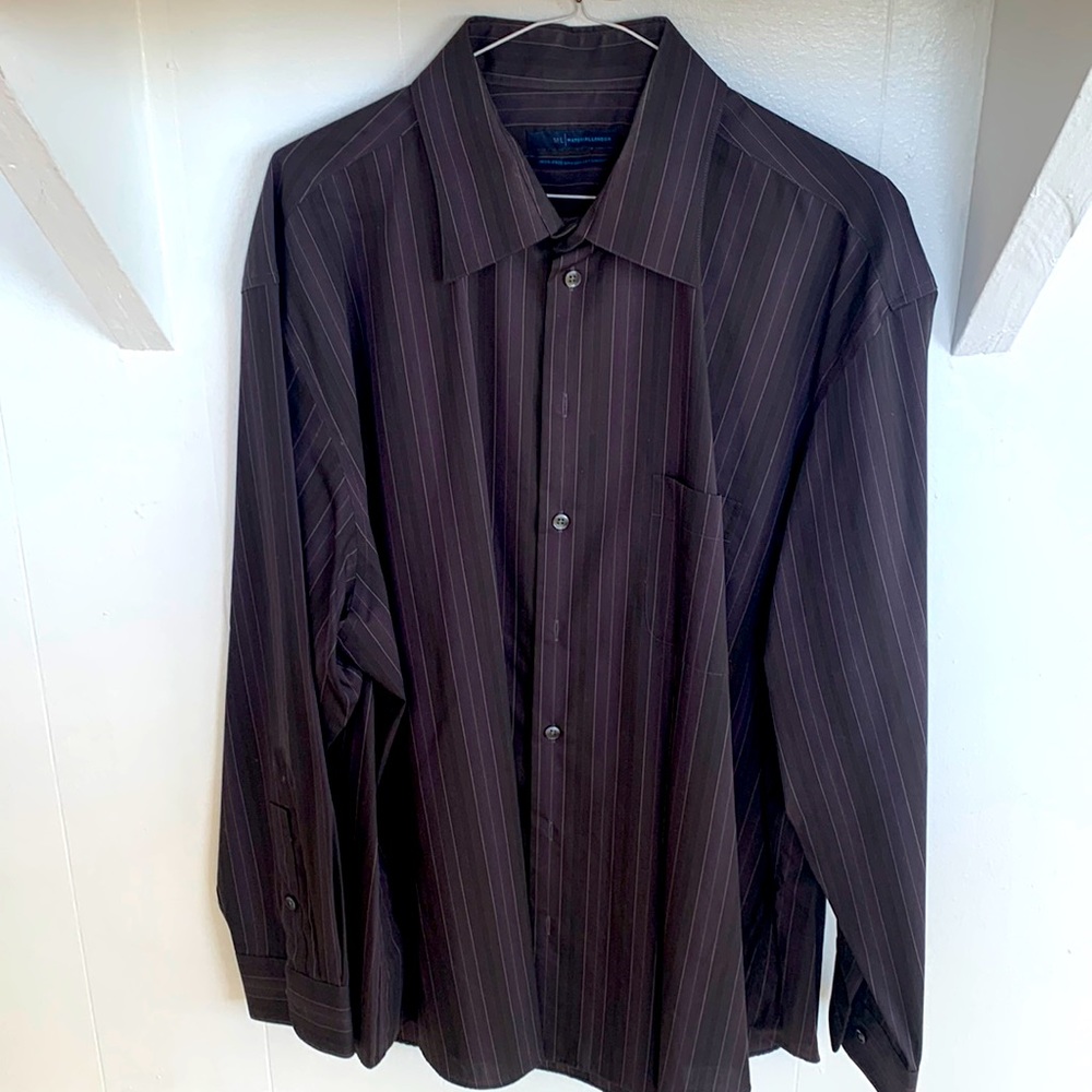 Iron free black shirt with front pocket with purple and cream stripe detail.